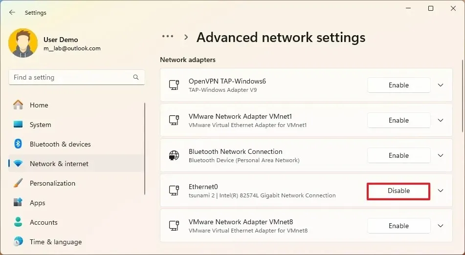 Windows 11 disable network adapter