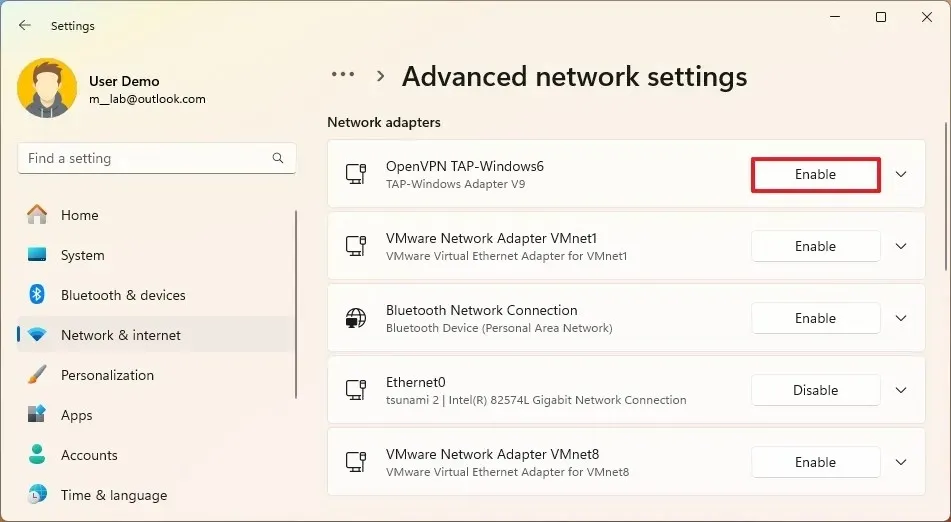 Windows 11 active l'adaptateur réseau