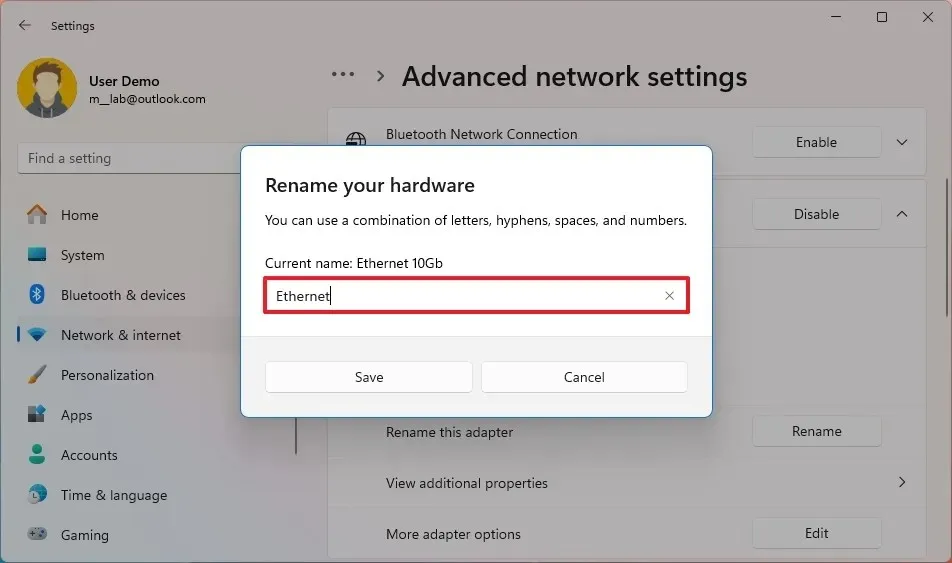 Windows 11 altera o nome do adaptador Ethernet