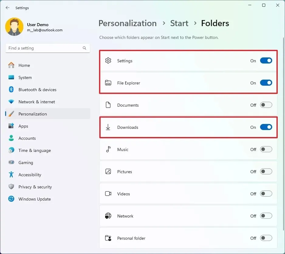 Choose folders to appear next to the Power button on Windows 11