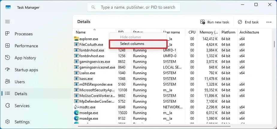 Opzione Seleziona colonne del Task Manager