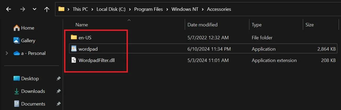 WordPad core app files in Windows 11 23H2