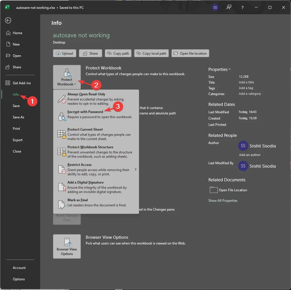 Proteger pasta de trabalho - salvamento automático do Excel não funciona