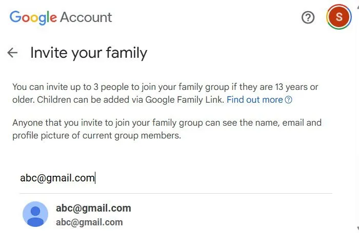 Inviting someone by email to YouTube Family subscription.