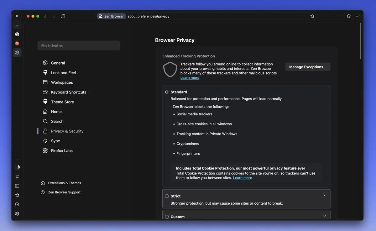 Privacy e sicurezza del browser Zen