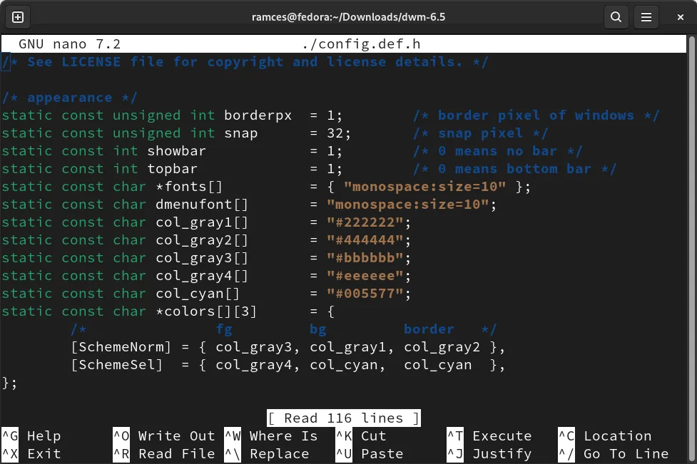 Una terminal que muestra el config.def.h de dwm.