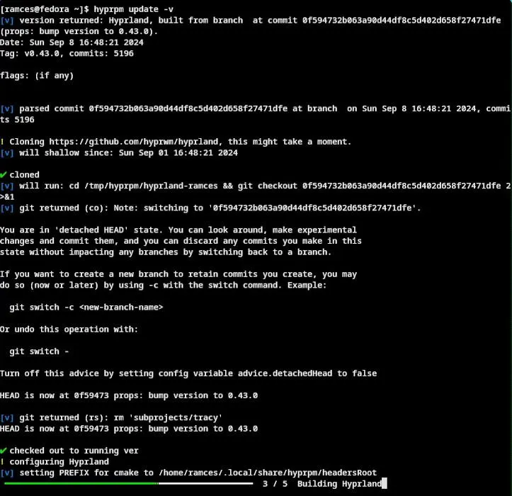 A terminal showing the process for updating and building the plugin files for Hyprland.