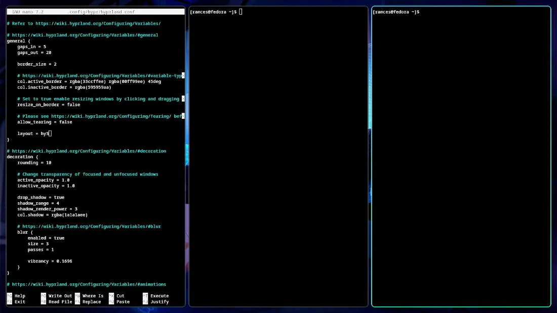 Une capture d'écran montrant une disposition de type i3 dans Hyprland.