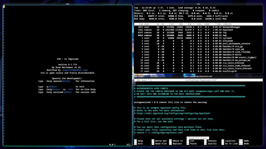 Hyprbars が実行されているデスクトップの例を示すスクリーンショット。