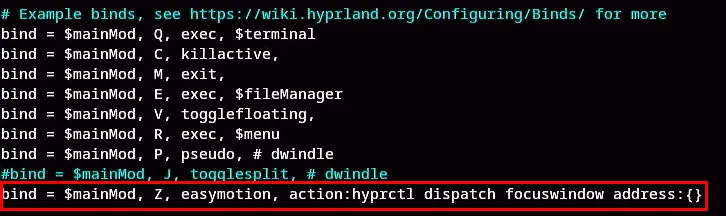 Een terminal die de aangepaste toetscombinatie markeert die de HyprEasymode activeert.