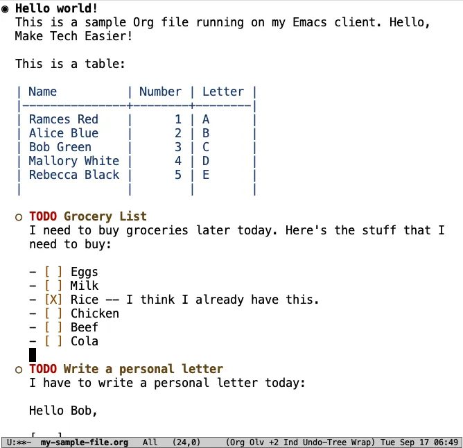 A screenshot showing an example Org Mode file in Emacs.