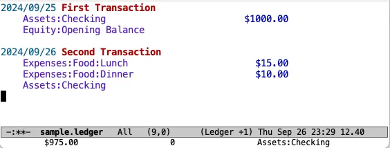 Uma captura de tela mostrando um arquivo Ledger de exemplo no Emacs rodando no modo Ledger.