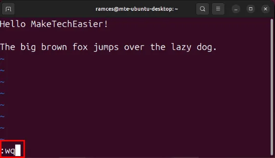 Um terminal destacando o comando para salvar e sair do arquivo atual no Vim.