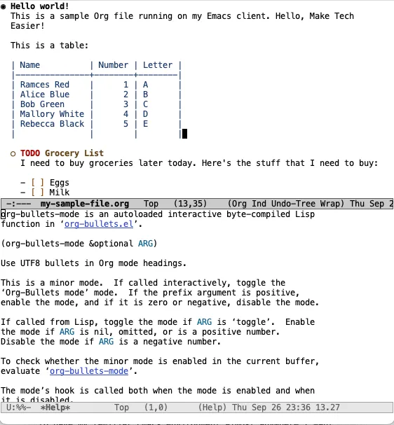 Uno screenshot che mostra il mio file Org Mode aperto in uno schermo diviso con una finestra di documentazione di Emacs.