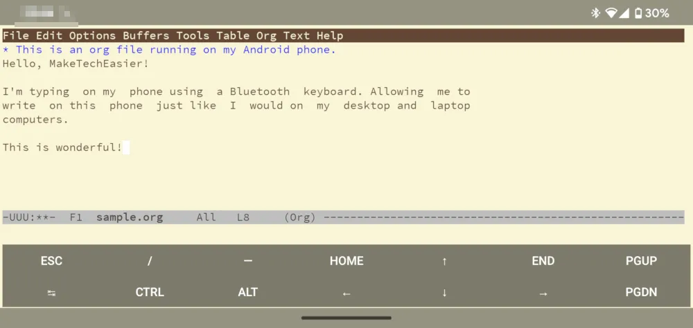 Una captura de pantalla que muestra Emacs ejecutándose en un teléfono Android.