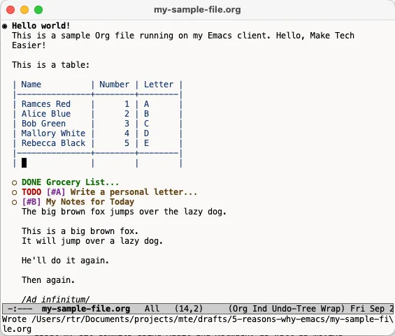 Una captura de pantalla que muestra todo mi Emacs