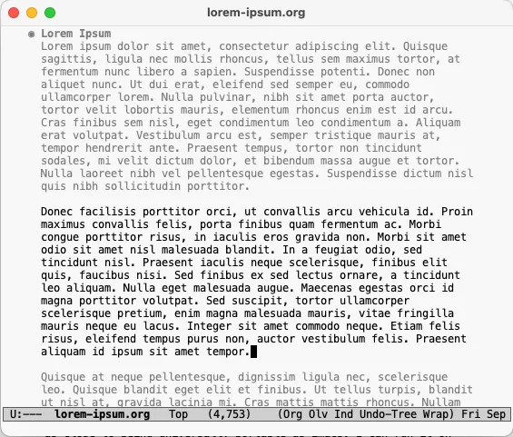 Una captura de pantalla que muestra Emacs con el modo Olivetti y el modo Focus ejecutándose en un documento Org.