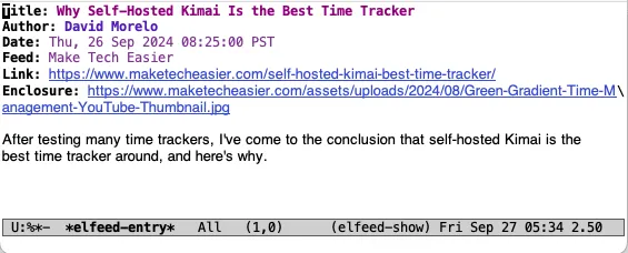 A screenshot showing Elfeed in Emacs displaying an RSS feed entry.