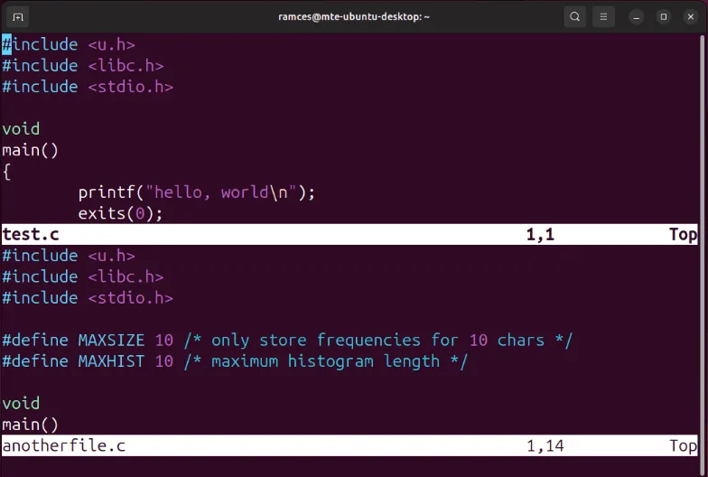 Een terminal met twee bestanden in gesplitste weergave in Vim.