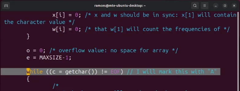 A terminal showing the location of a custom Vim mark.