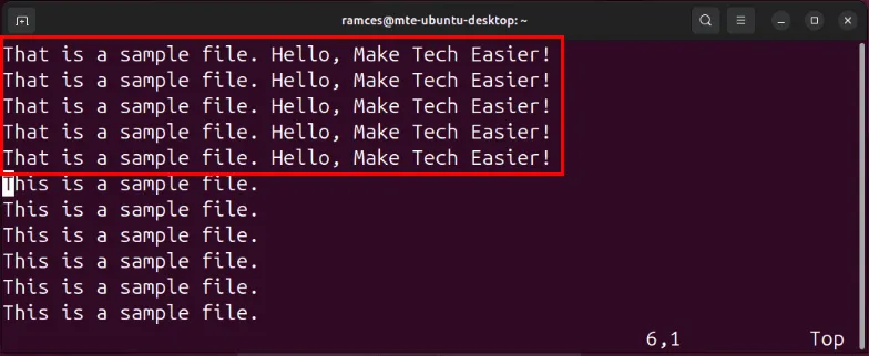 Um terminal mostrando a macro do Vim funcionando corretamente.