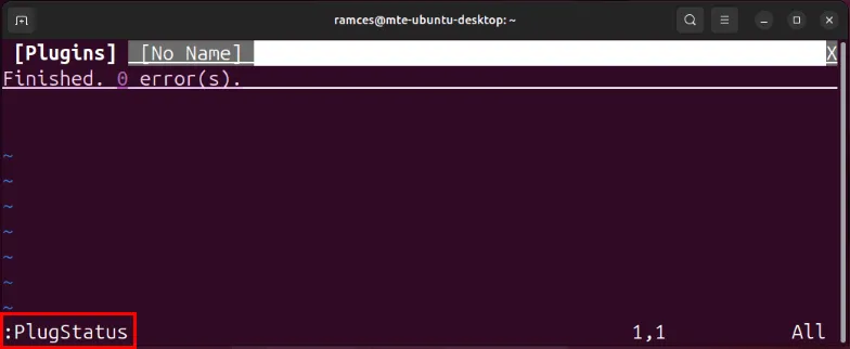 Um terminal destacando o comando PlugStatus para o Vim Plug.