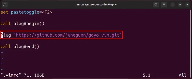 Vim にプラグインをインストールするための Plug エントリを強調表示しているターミナル。