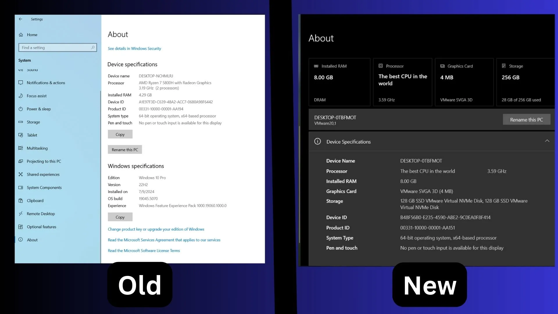 Comparação da página Sobre no Windows 10 22H2