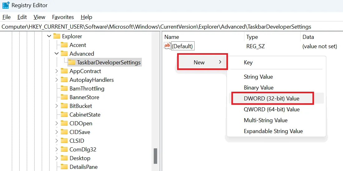 Creación de un nuevo valor de 32 bits en TaskbarDeveloperSettings en el Editor del Registro de Windows.