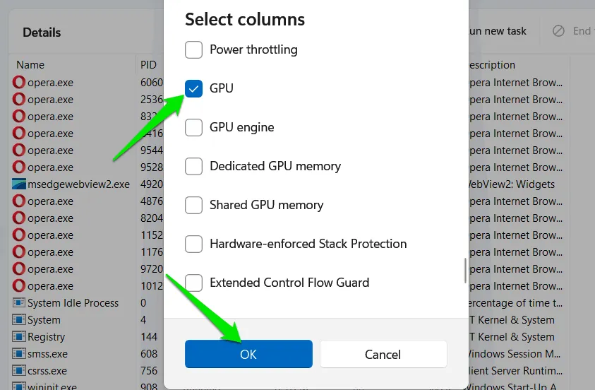 Task Manager columns list