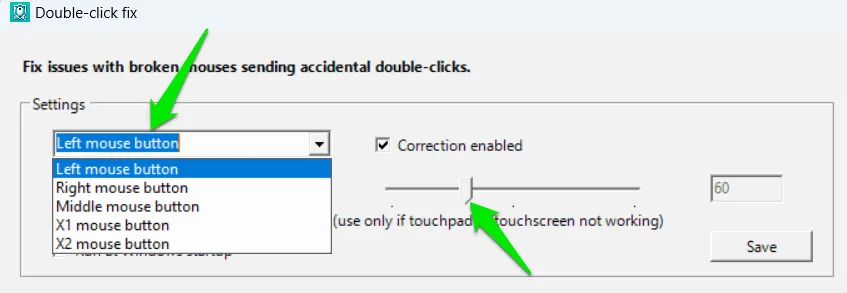 Ajuste de la configuración de rebote del mouse en DoubleClickFix