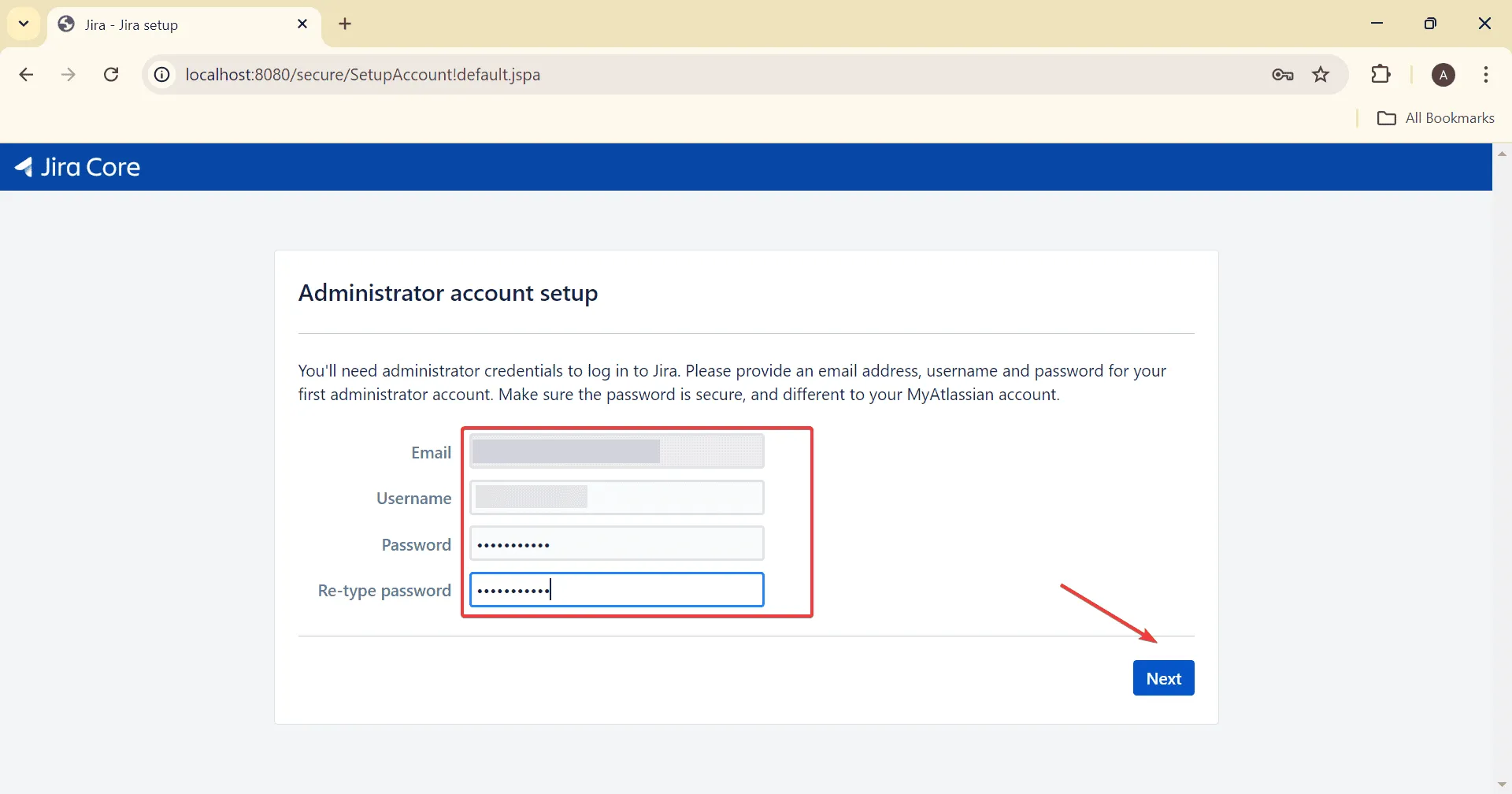 configuração de conta de administrador jira