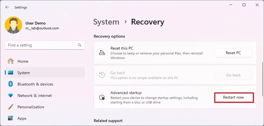 Opzione di avvio avanzato di Windows 11