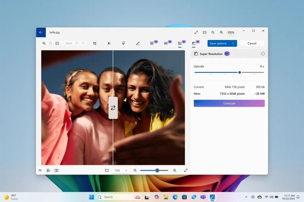 Ampliación de imagen con IA y función de súper resolución en Windows 11 24h2