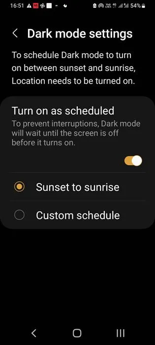 Dark mode schedule enabled on an Android phone for sunset to sunrise.