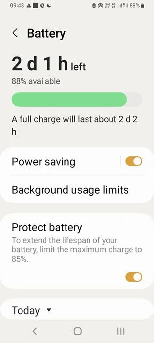 Power Saving and Protect Battery features turned on in Android.