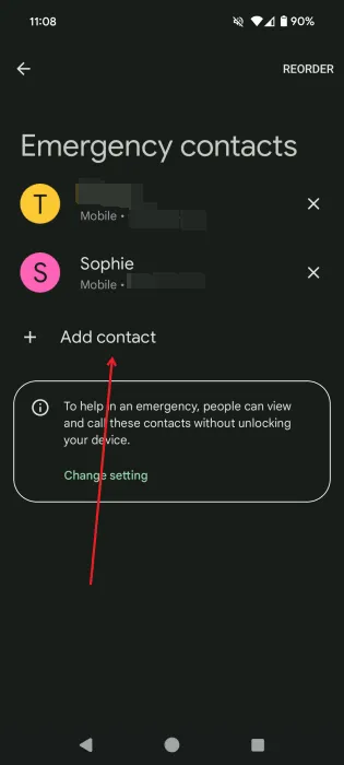 Agregar contacto de emergencia en la aplicación de seguridad personal de Android.