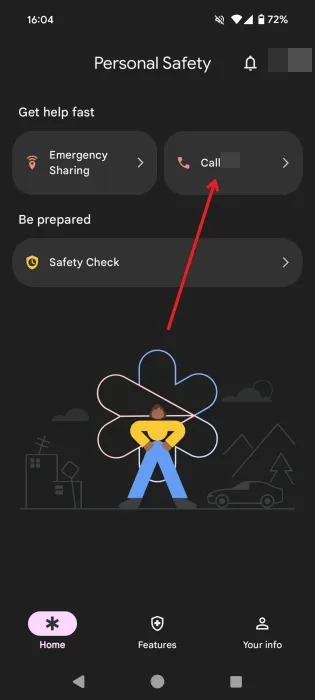 Appuyez sur le bouton Appeler depuis l'application Android Personal Safety.