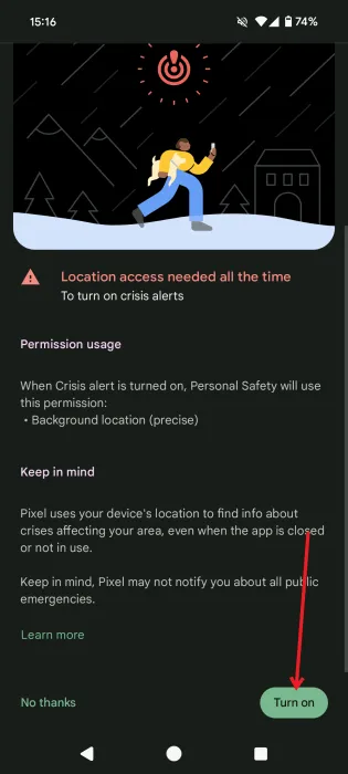 Confirmación para habilitar el acceso completo a la ubicación para alertas de crisis en la aplicación de Seguridad Personal de Android.