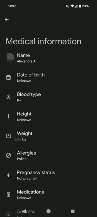 Affichage des informations médicales individuelles dans l'application Android Personal Safety.