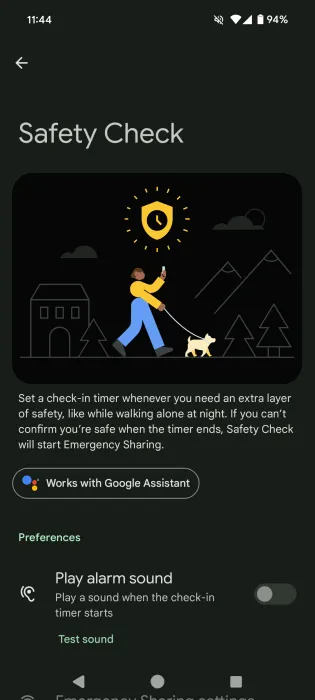 Démarrage d'un contrôle de sécurité à l'aide de Google Assistant dans l'application Android Personal Safety.