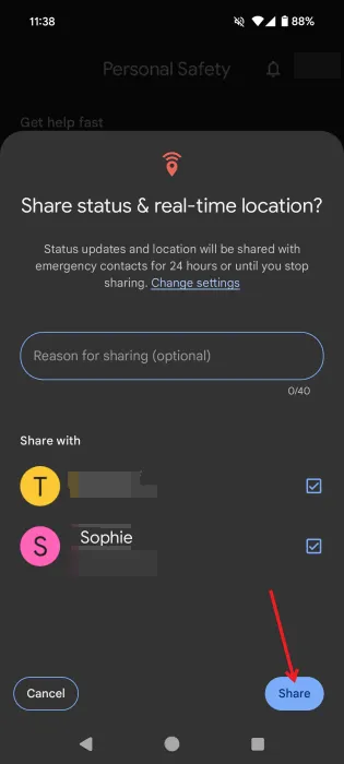 Partage de localisation en direct avec les contacts d'urgence via l'application Android Personal Safety.