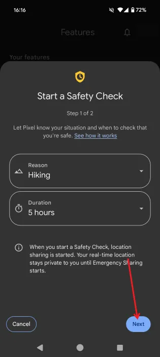 Configuration d'un nouveau contrôle de sécurité dans l'application Android Personal Safety.