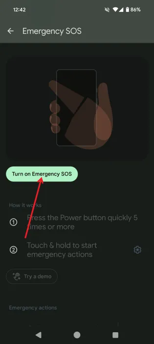 Włączanie funkcji Emergency SOS w aplikacji Android Personal Safety.