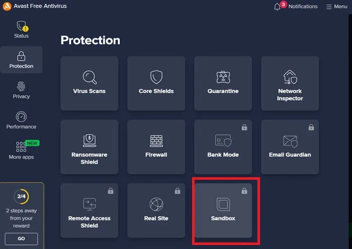 Funcionalidad de sandbox en Avast Antivirus.