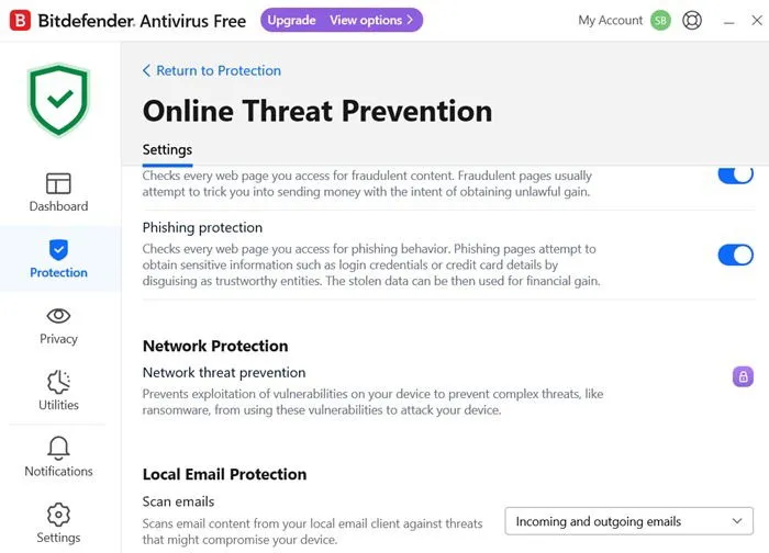 Fonctionnalités de protection du courrier électronique et du Web dans l'antivirus gratuit Bitdefender.