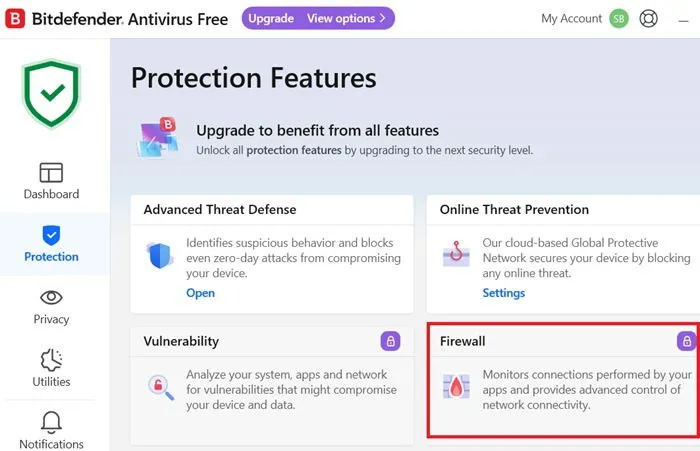 Funciones de firewall en la solución antivirus Bitdefender.