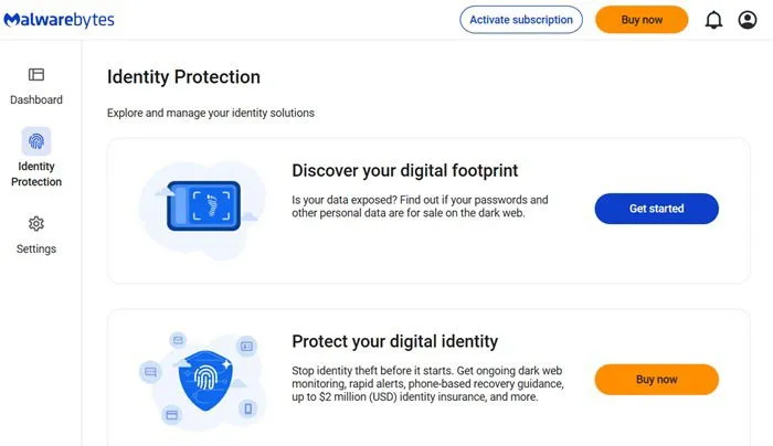 Identity protection and dark web monitoring in Malwarebytes.