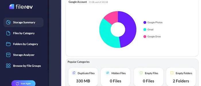 Using Filerev to identify duplicate files, hidden files, and more in Google Drive.