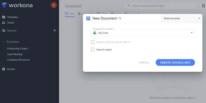 Using Workona to create and save a Google Docs document in Google Drive.